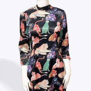 Silky psychedelic cat-print mini dress